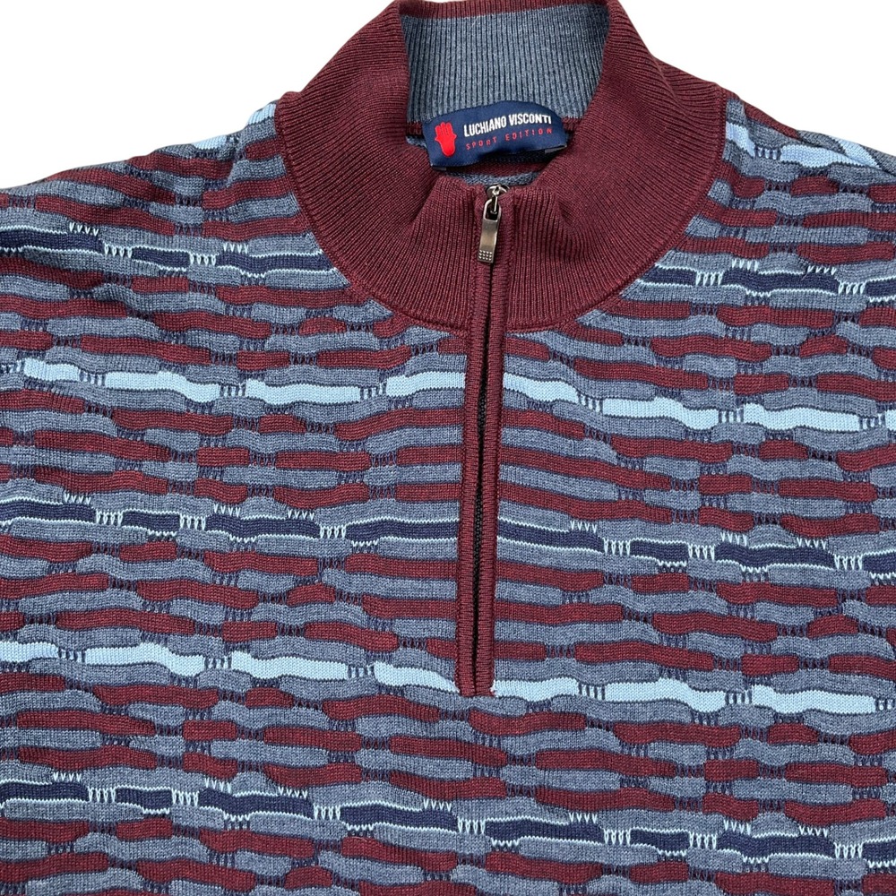 LUCIANO VISCONTI Sweater‎ Mens Large Blue Burgundy Marled Textured 1/4 Zip Mock